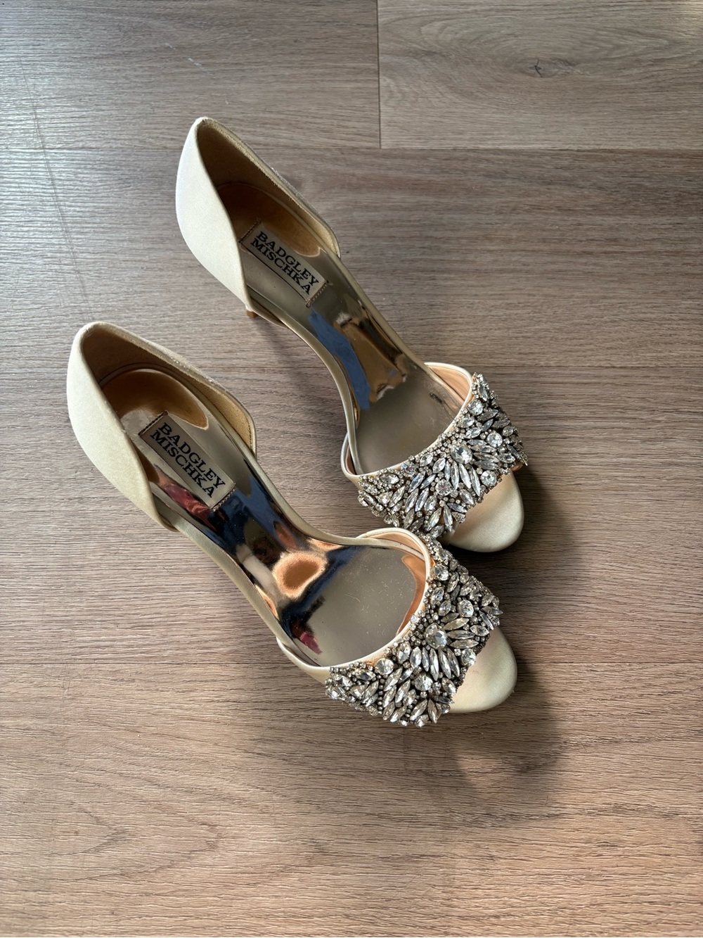 Badgley Mischka Champagne Crystal-Embellished Peep-Toe Heels
